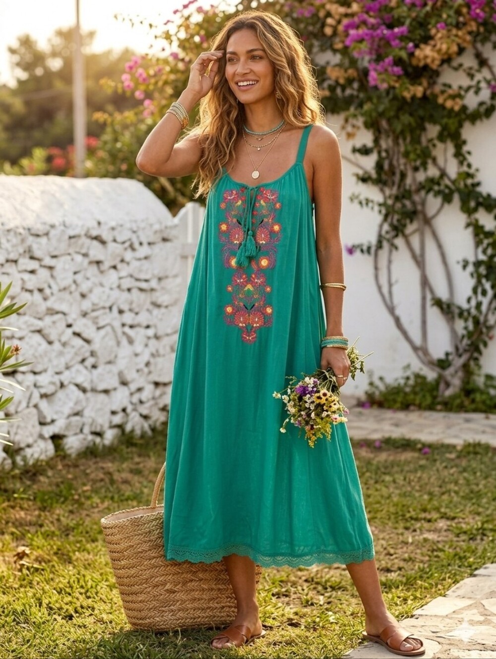 Sundance embroidered Boho green cami camisole long A line flowy summer dress XL - Picture 7 of 10